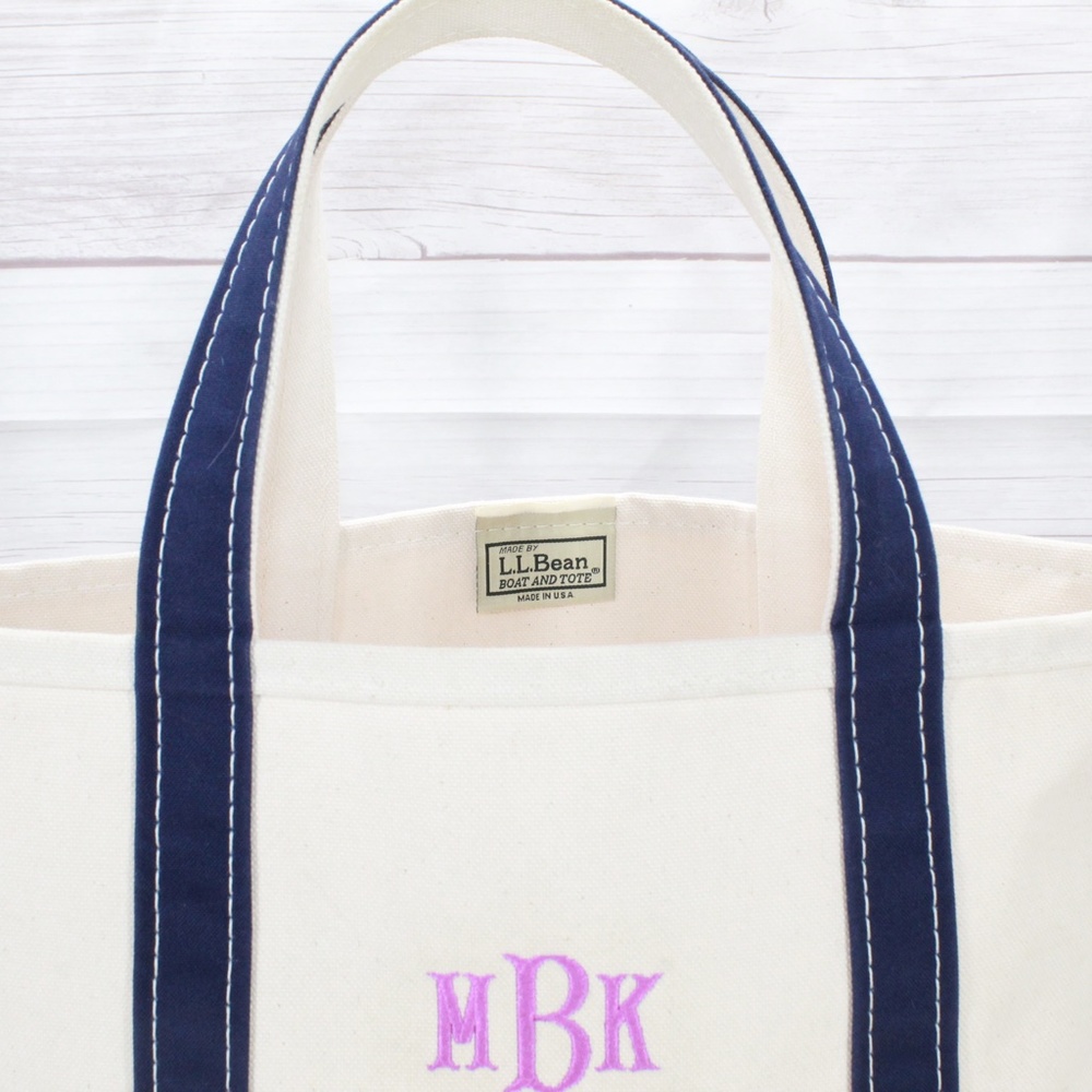 LL Bean Boat & Tote Blue Trim Embroidered MBK Open Top Tote Handbag - Picture 3 of 9